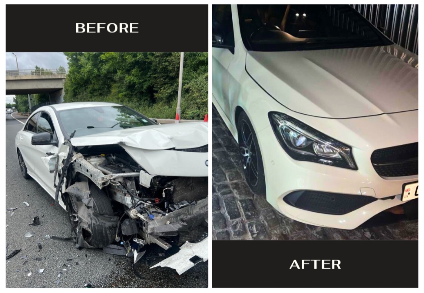 Before and after accident repair of a Mercedes CLA at Kensons Garage