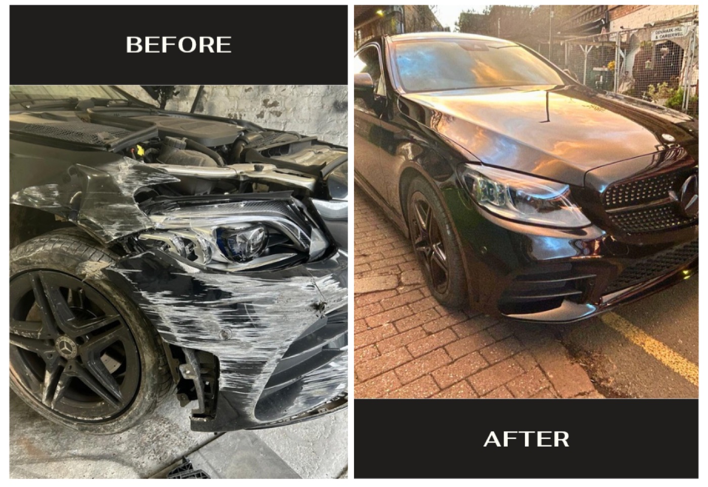 A before-and-after vehicle body repair completed by Kensons Garage