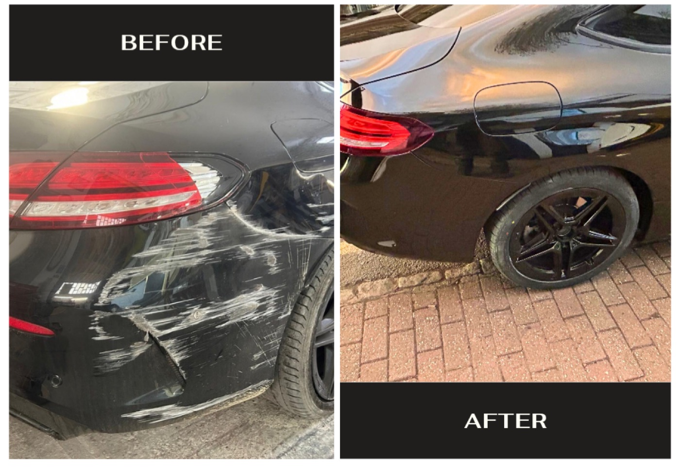 Before and after bumper repair and refinishing at Kensons Garage